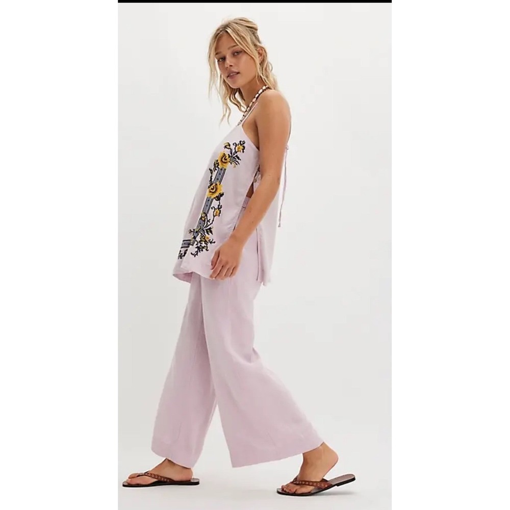 Free People Flower Fields Embroidered Linen Blend 2 Piece Set XS Lilac
